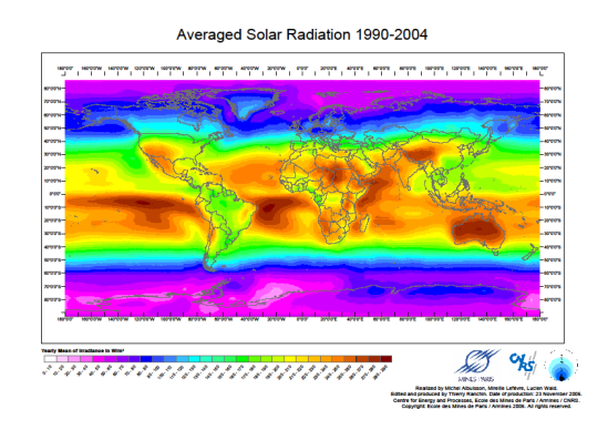 世界の年間日射量マップ