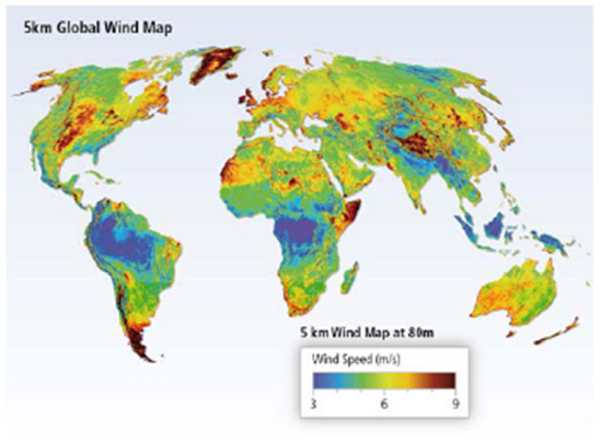 世界の風資源マップ（解像度5km x 5km；3TIER, 2009）