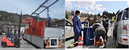 東日本大震災時におけるドラム缶による石油の供給　出典：資源エネルギー庁