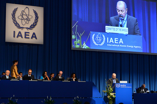 本会議において報告を行う、全体委員会委員長のベンフシーヌ・アルジェリア代表部大使（写真出典：IAEA）