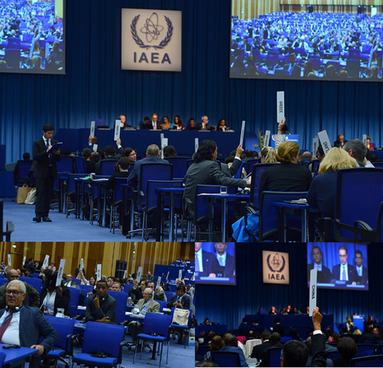 投票に付された総会決議案に対して挙手による投票を行う各国代表団（写真出典：IAEA）