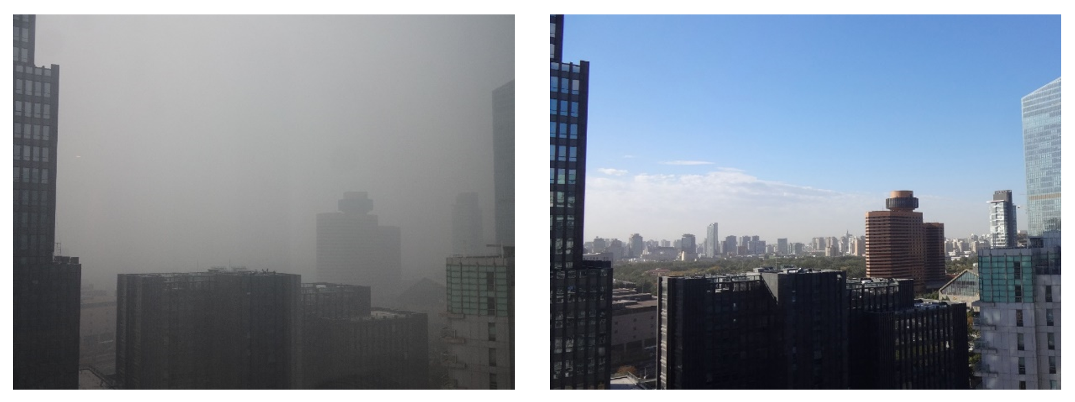（写真）左は2014年10月25日（PM2.5: 472㎍/m3）、右は同月26日（同 7㎍/m3）、北京市中心部において筆者が撮影